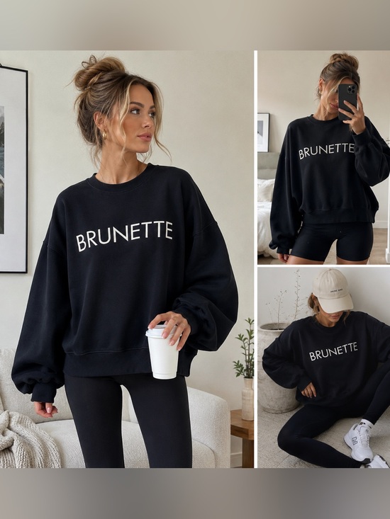 Brunette The Label Tops - Brunette The Label Black Oversized Wide Sleeve Crewneck Sweatshirt M/L